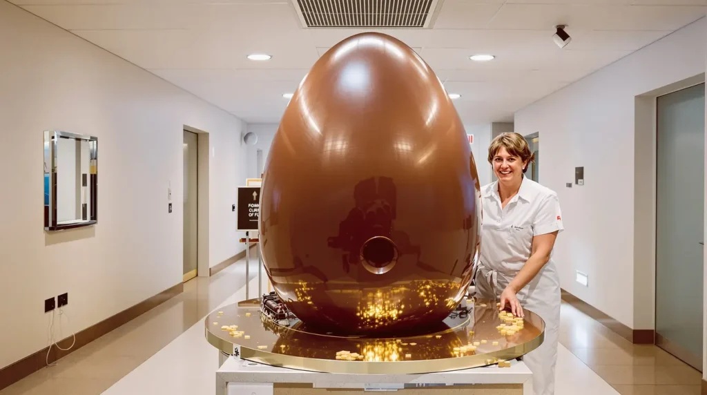 La chocolatière offre un énorme œuf en chocolat à l’hôpital